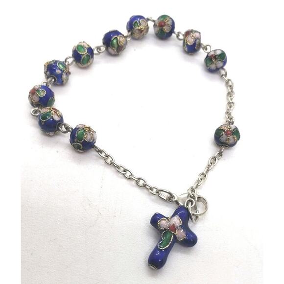 Cloisonne Flower Bead Bracelet With Rosary Cross Charm On Silver Chain - Picture 4 of 10